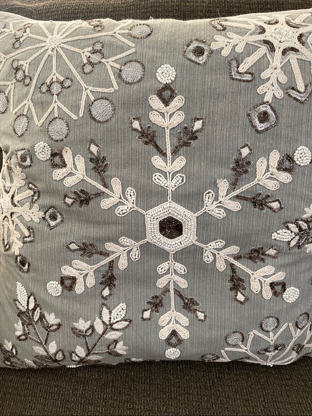 Christmas winter grey pillow embellished gold & silver 20x20